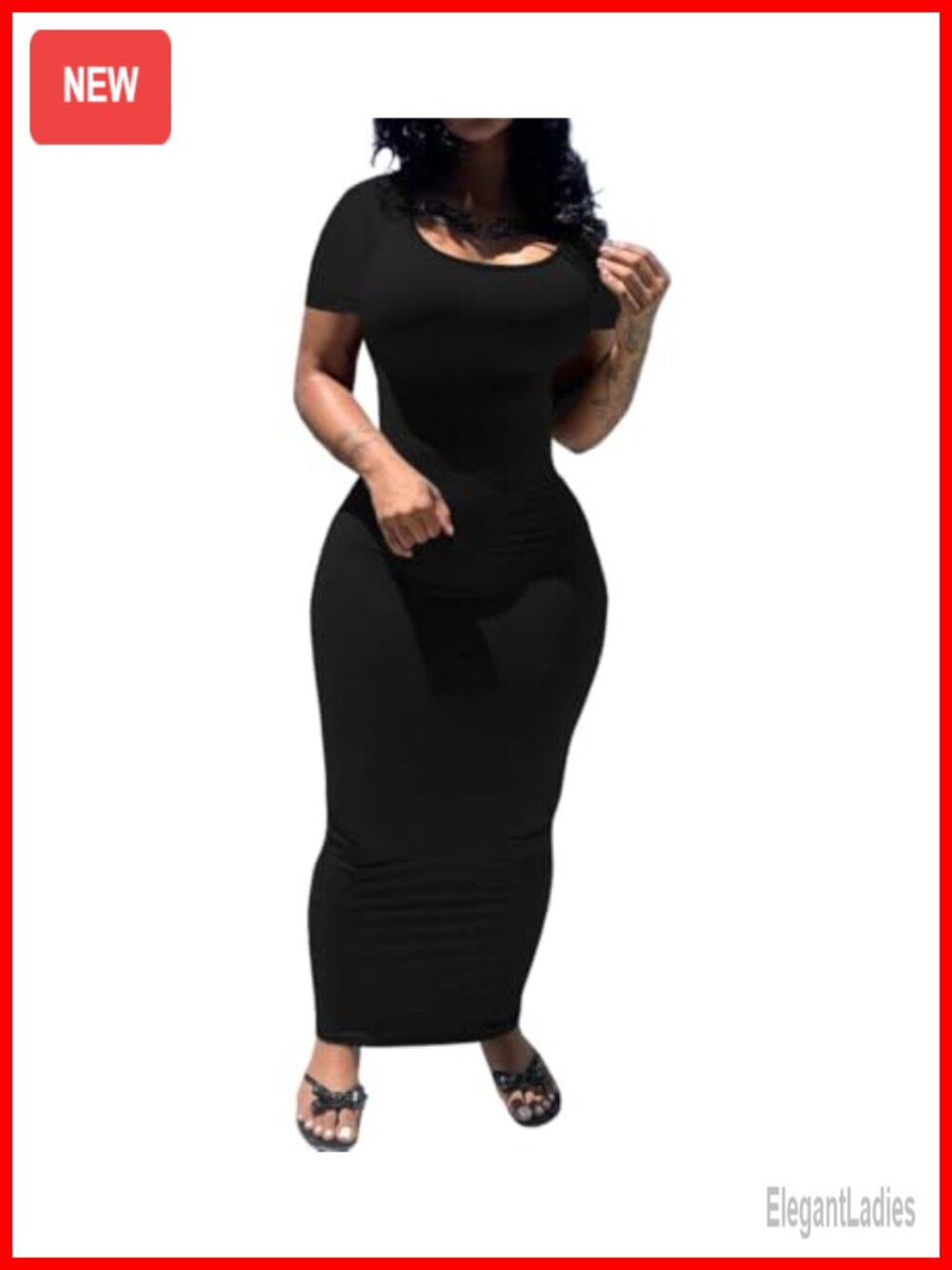 Women Bodycon Maxi Dress Scoop Neck Short Sleeve Fitted Club Party